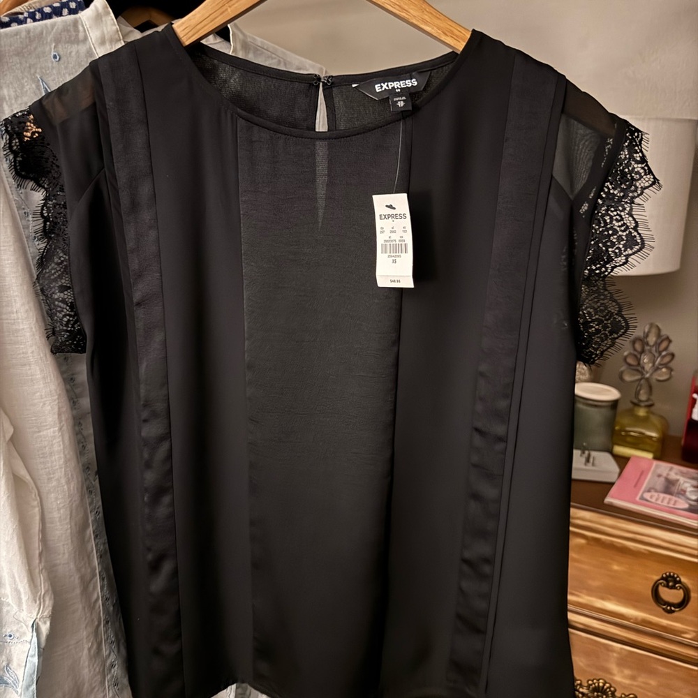 NWT Express Black Lace Sleeve Blouse‎ XS Sheer Yoke